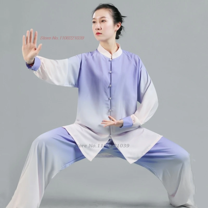 

2025 chinese tai chi uniform wushu kung fu training practice martial arts wing chun gradient color tops+pants set outdoor sports