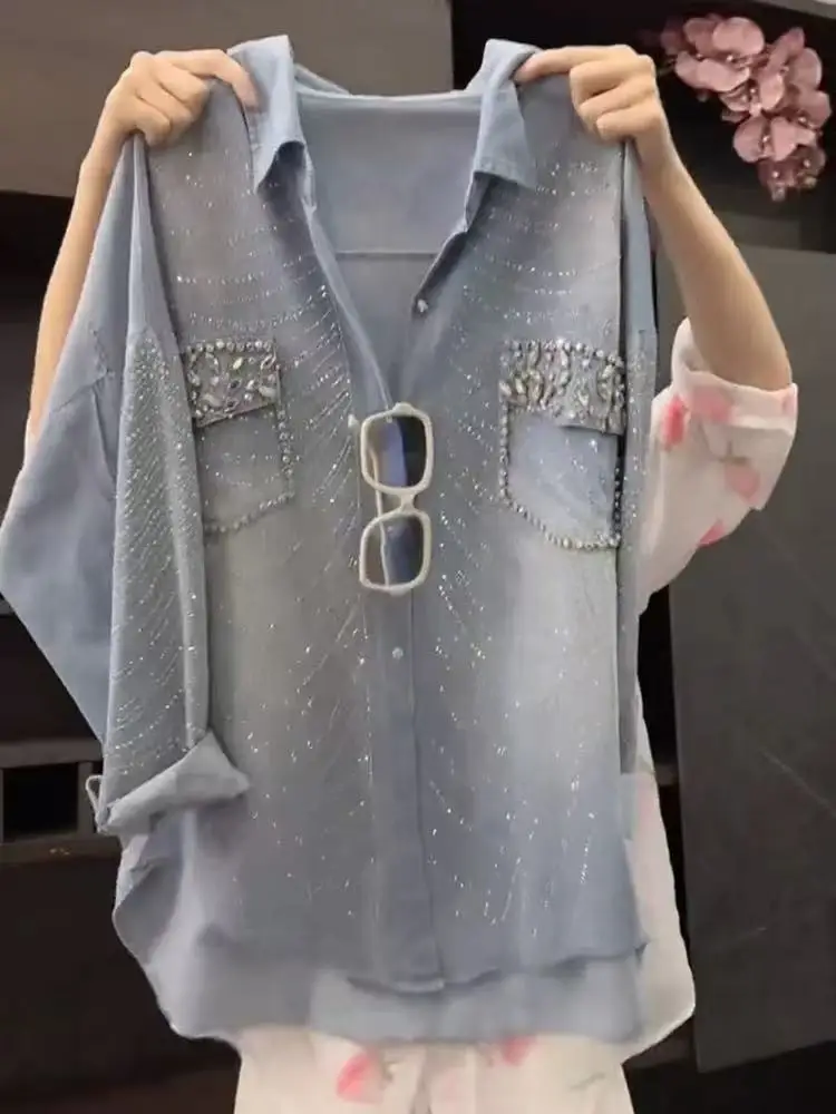 Luxury Style Sparkle Diamonds Stitch Pocket Denim Jacket For Women's Oversized Fashion Spring Autumn Thin Denim Cardigan Coat