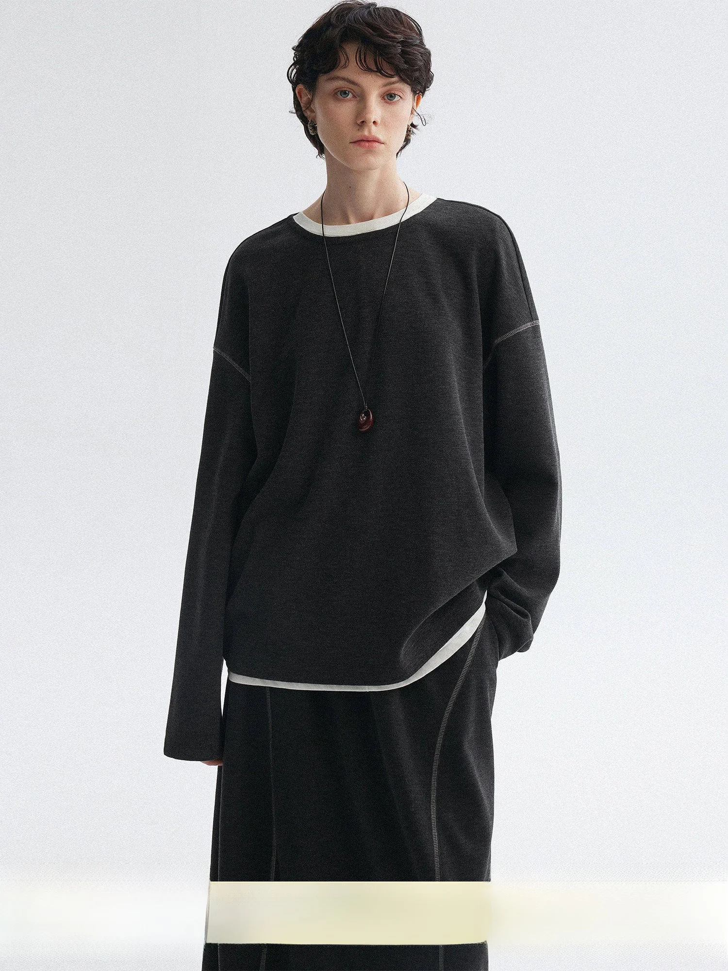 

MOLY CHO Casual Loose Women's T-shirt Skirt Set Comfortable Drapey Walking Outfit Long Sleeve round Neck Polyester Fiber
