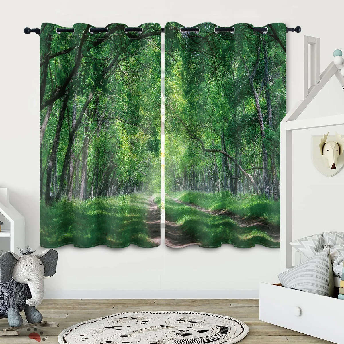2 pieces of green forest tree pattern printed curtains, natural landscape decoration bedroom living room