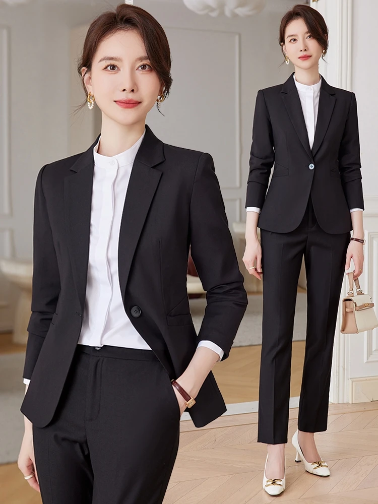 

Black Suit Set for Women Autumn Workwear Formal Outerwear Career Attire Hotel Manager Student Government Professional Outfit