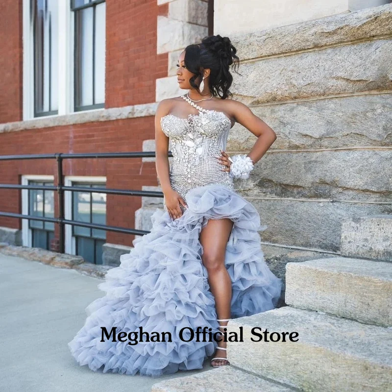 Luxo brilhante personalizado 2025 cinza longo sereia vestido de baile para meninas negras babados alta fenda cristal frisado vestido de festa africano