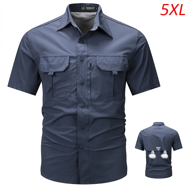 Summer Cargo Short Sleeve Shirt Men\'s Casual Waterproof Breathable Polo Shirt Outdoor Camp Hiking Safari Work Shirt Top Pocket