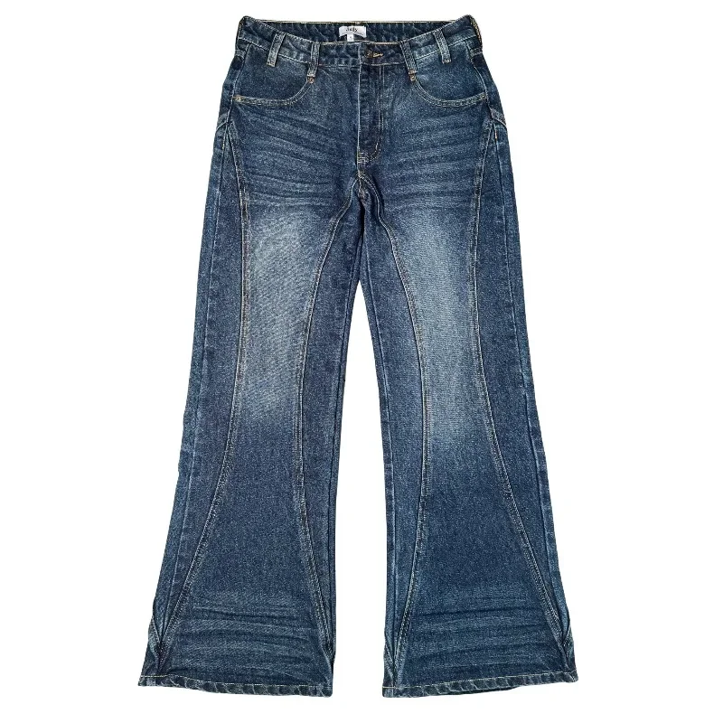 Retro Washed Flare Jeans Y2K Trendy Streetwear Panel Stitching Pocket Embroidered Bootcut Jeans Unisex Wide Leg Denim Trousers