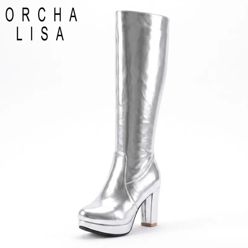 ORCHA LISA Gold Women Knee High Boots Round Toe 9cm Block Heel 2cm Platform Zipper Plus Size 44 45 46 47 Sexy Party Botas Winter