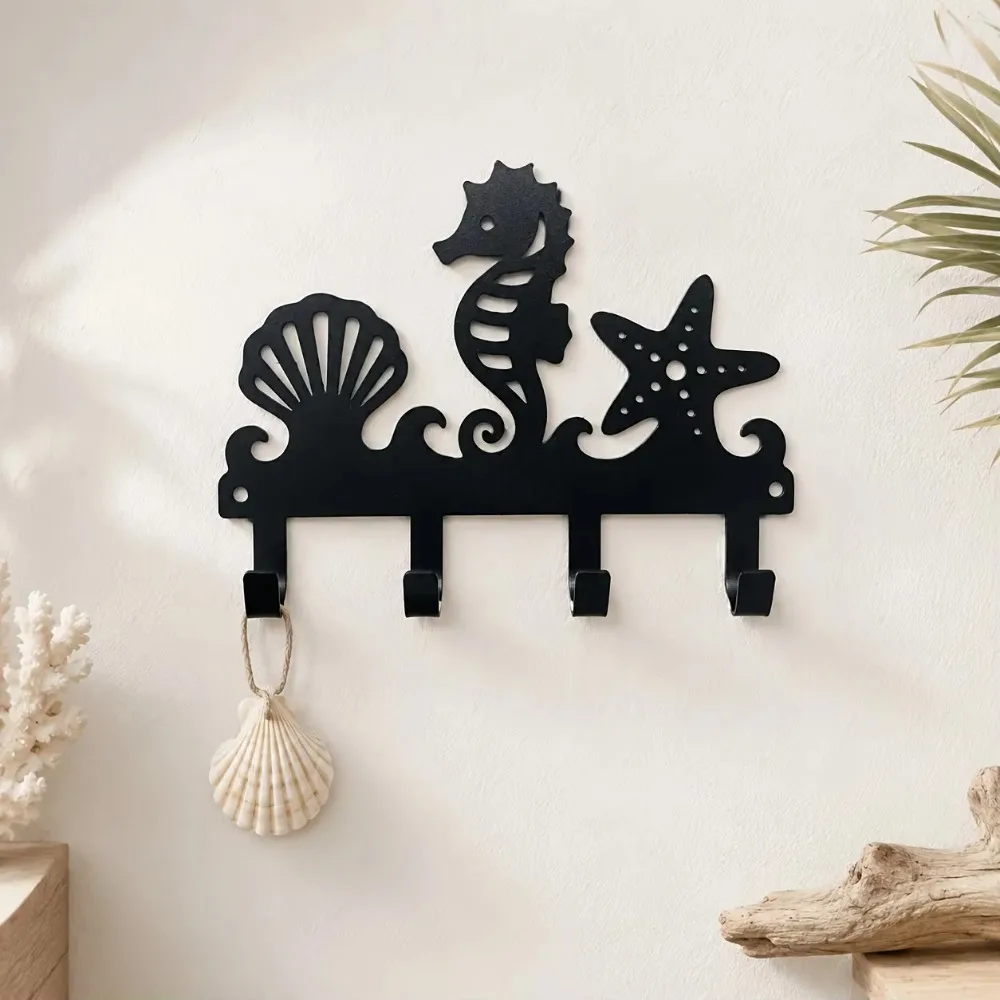 CIFBUY 1pc Black Metal Wall Key Holder Ocean Theme Design for Keys ID Badge Lanyard Storage Entryway Home Office Wall Decor