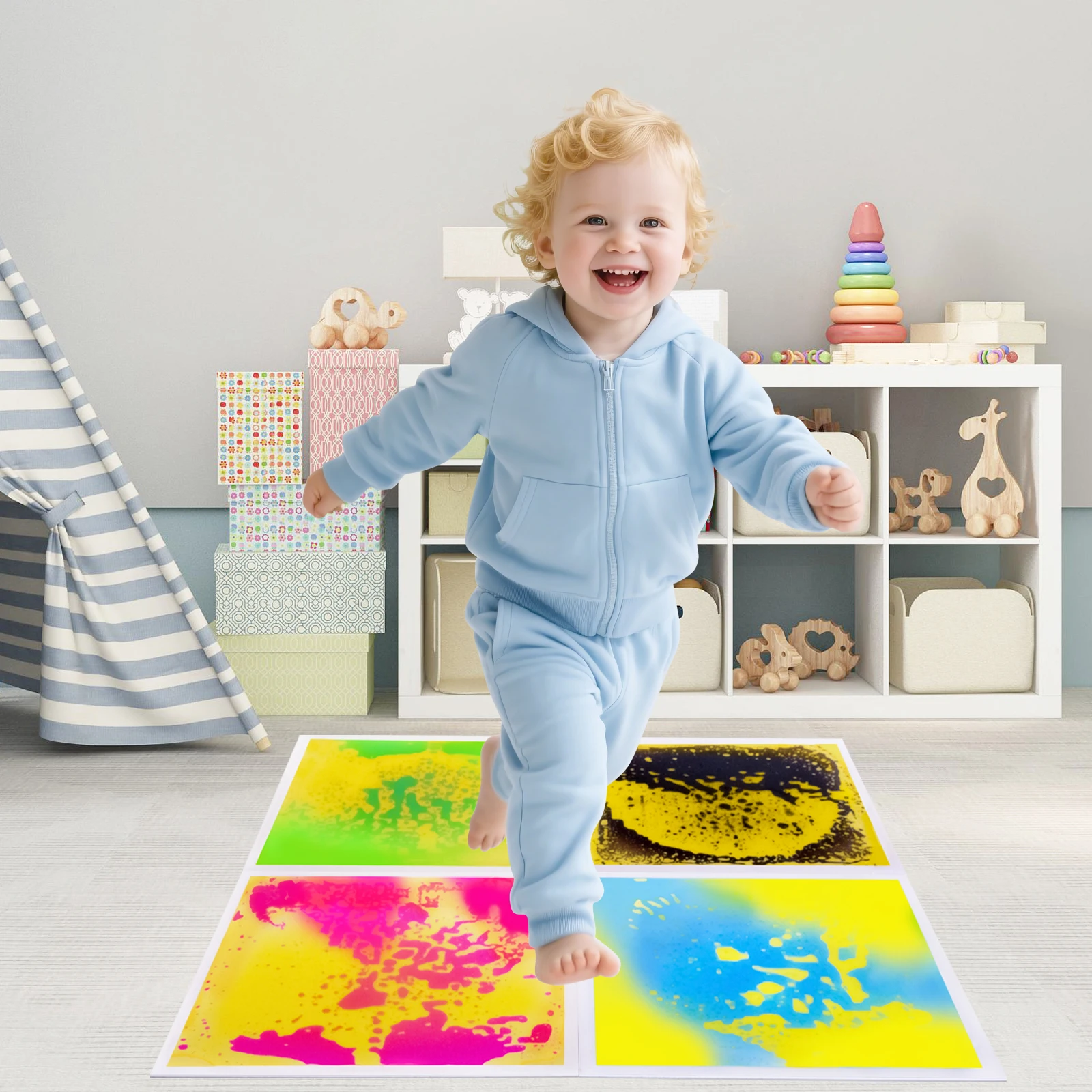 4 Stück Flüssigfliesen-Bodenfliesen in sensorischen Farben für Kinder – ungiftige sensorische Erkundung im Klassenzimmer
