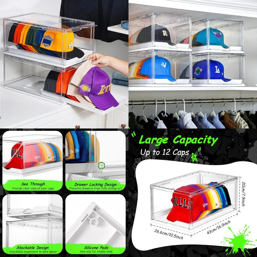 

Коробка для хранения бейсбольных кепок в упаковке с выдвижным ящиком, прозрачный органайзер для шляп для больших кепок, штабелируемая конструкция
