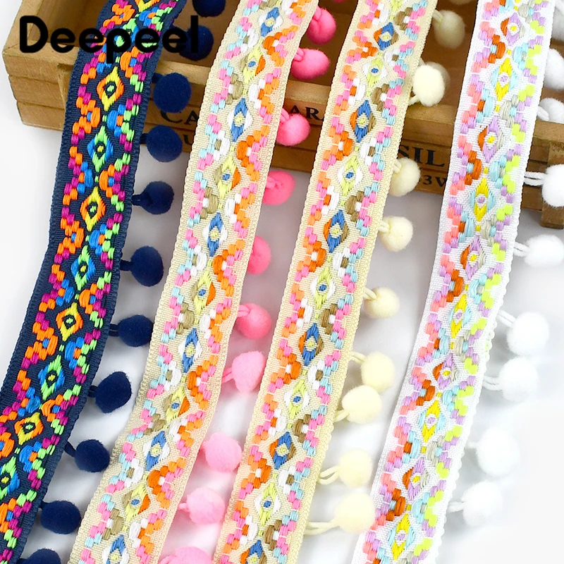 5/10Yards 35mm Colorful Jacquard Lace Ribbon Pompon Trim Webbing Fabric DIY Clothes Hometextile Crafts Decor Sewing Accessories