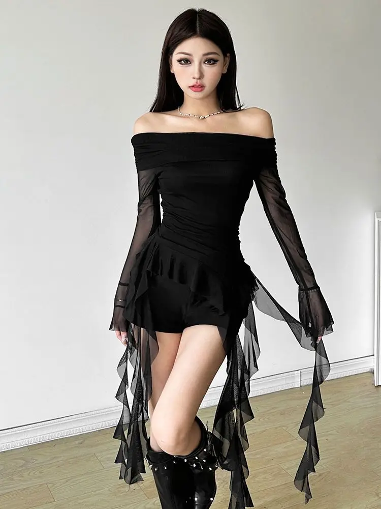 T-shirt en gaze pour femmes, Sexy, col Slash, épaules dénudées, esthétique, à volants irréguliers, Slim Fit, Grunge, Harajuku, Vintage, fée, Y2k