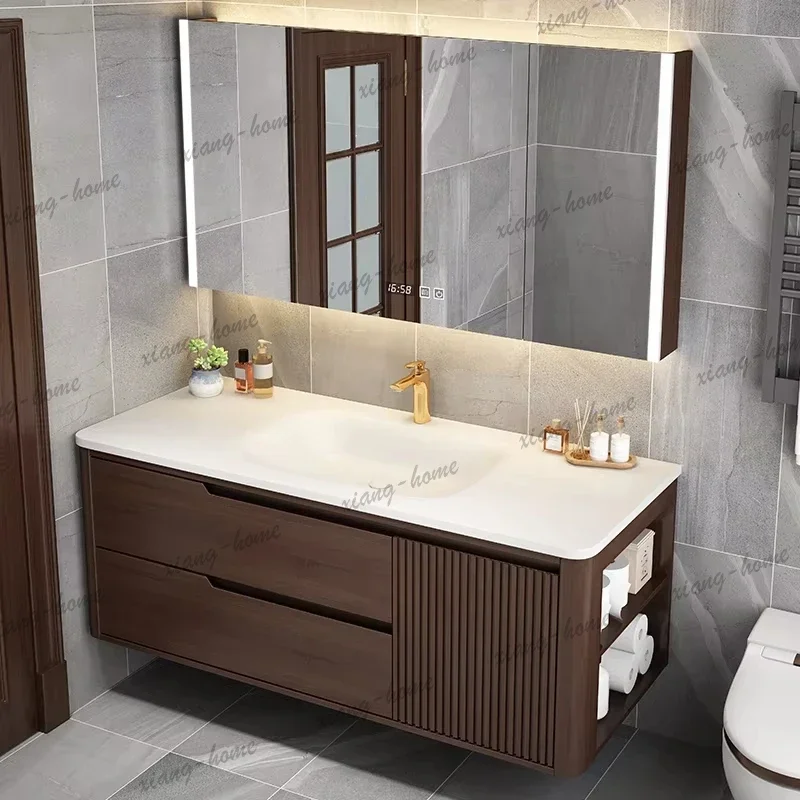 PG Modern Chinese Style Solid Wood Bathroom Vanity Sink Cabinet DuPont Corian Top Integrated Storage Bathroom Furniture