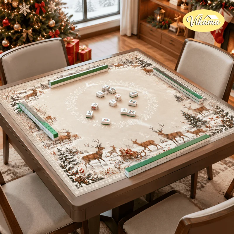 VIKAMA Rustic Deer Family Christmas Mahjong Mat Reindeer Snowy Pine Sleigh Non Slip Square Game Table Cover for Xmas Game Night