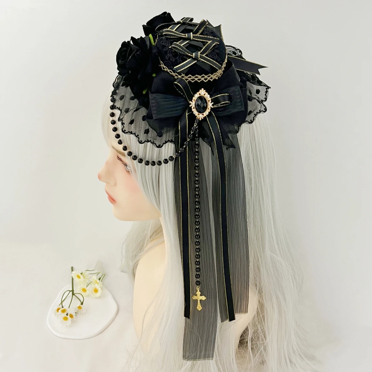 Gothic Lolita Black Hat Rose Flower Barrettes Lolita Headdress Lolita Hair Accessories