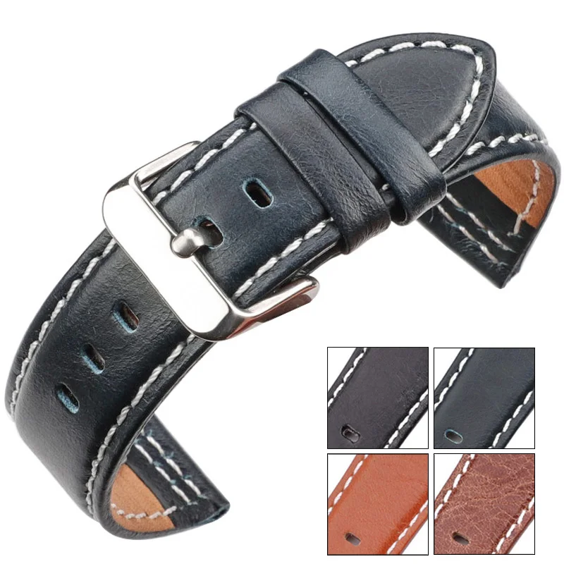 Cowhide Watchband Accessories 22mm 24mm Women Men Genuine Leather Soft Watch Band Strap Black Blue Brown Orange