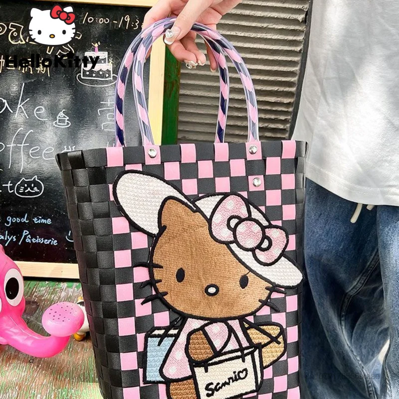 Sanrio-女性のハンドバッグ,流行の黒いハンドバッグ,ハローキティバッグ,持ち運び可能なショッピングバッグ,韓国のファッション,2kトートバッグ