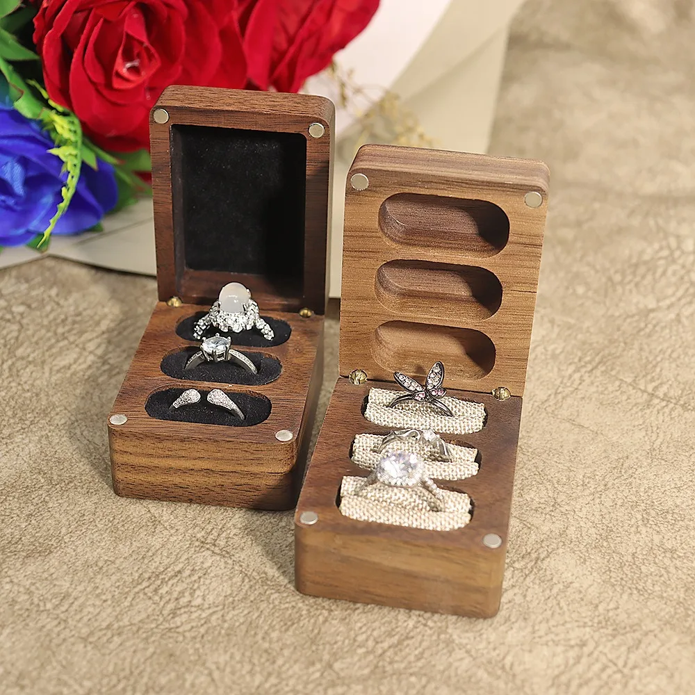 Three Slot Integrated Proposal Ring Packaging Box Black Walnut Wood Ear Stud Dustproof Storage Box Birthday Gift Jewelry Box