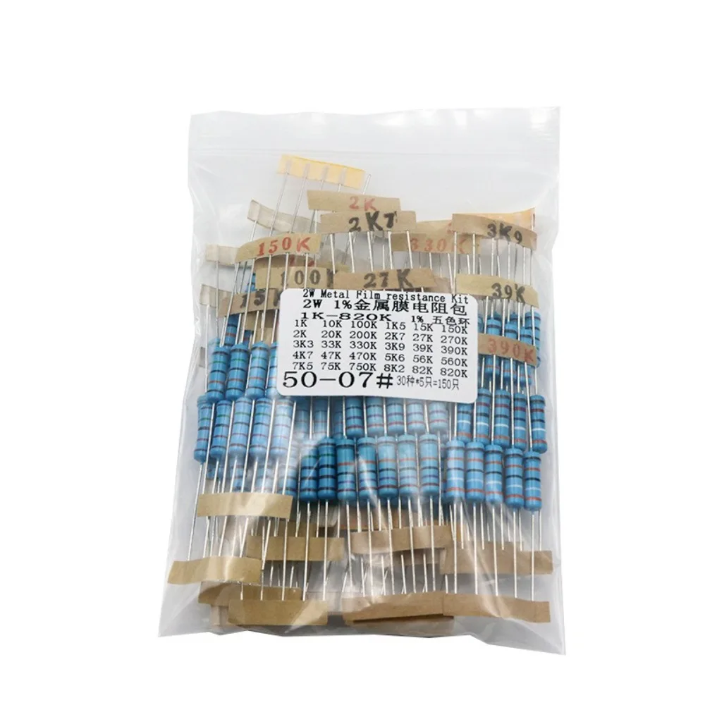 150Pcs 30 Values 2W Metal Film Resistor Kit 1% Tolerance 5 Color Bands 1K to 820K Ohm Common Values Assortment for Industrial Eq