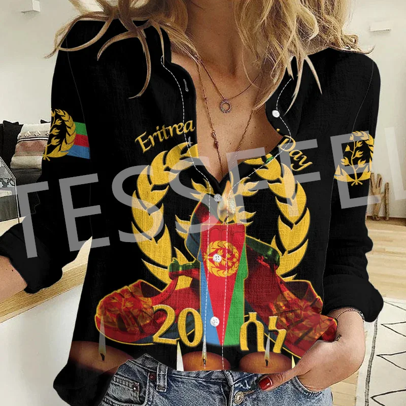 Africa County Ethiopia Eritrea Tigary Rasta Reggae Lion Tattoo Retro 3DPrint Button-Down Shirts Long Sleeve Women Casual Shirt 1