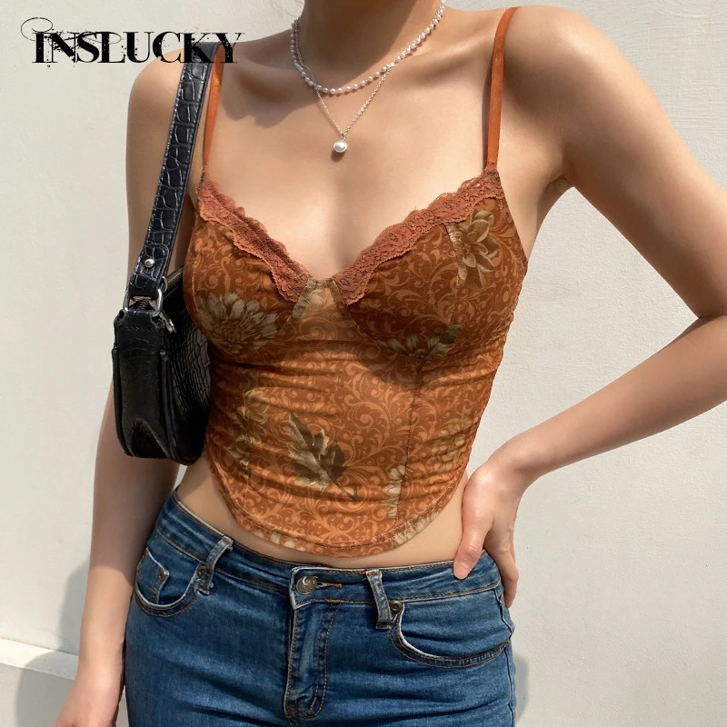 

InsLucky Vintage Mesh Lace Print Backless Camis Women Crop Top Sleeveless Slim Skinny Tube Corset Tank Office Lady Sexy Summer