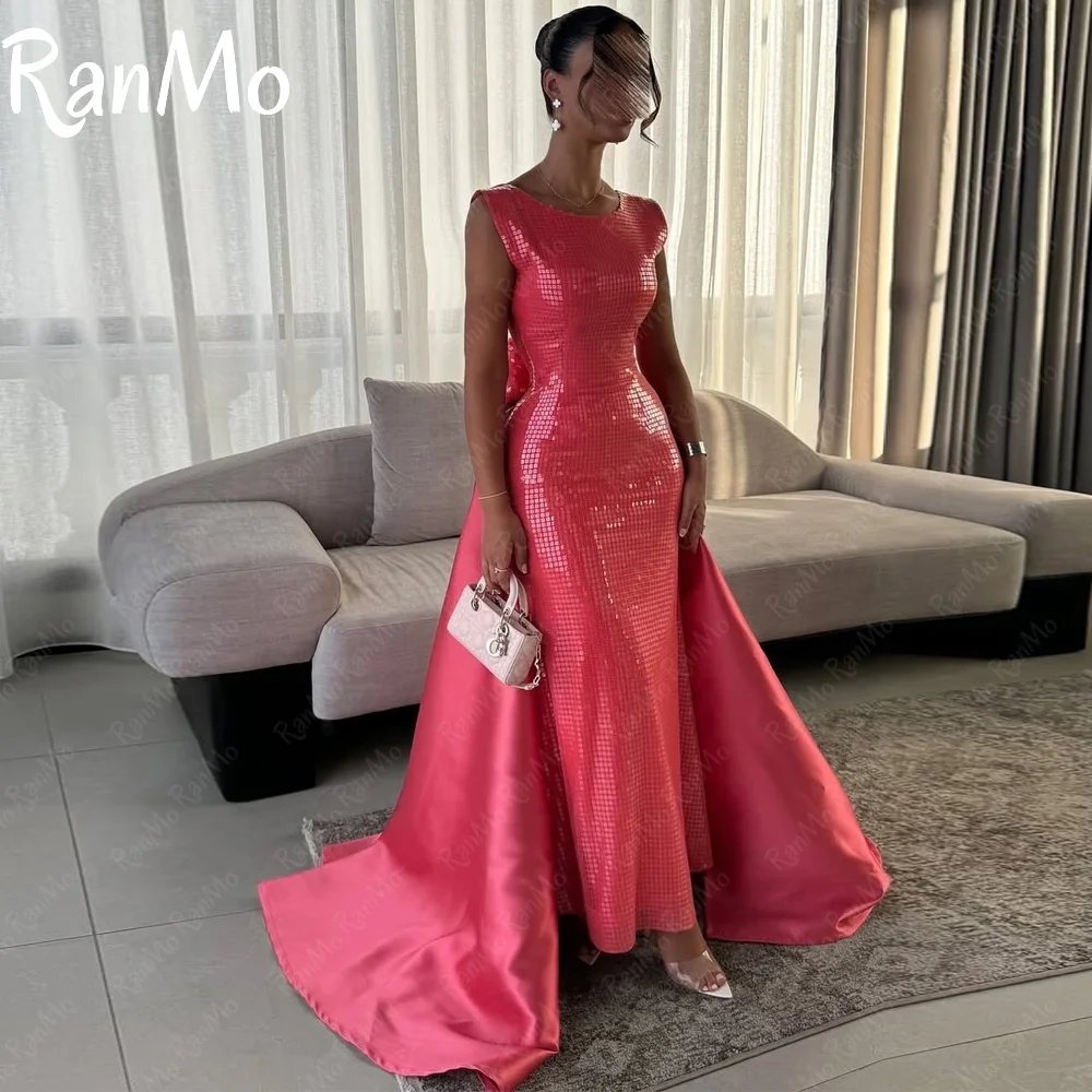 Ranmo Элегантные розовые вечерние платья русалки 2025 с блестками и кружевными цветами Вечерние платья с пятнистым хвостом на заказ فساتين условия
