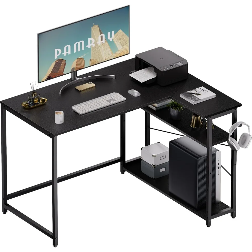 43 Inch L Shaped Computer Desk with Reversible Side Storage Shelves, Writing Study Table Gaming PC Desk Black Office Desks