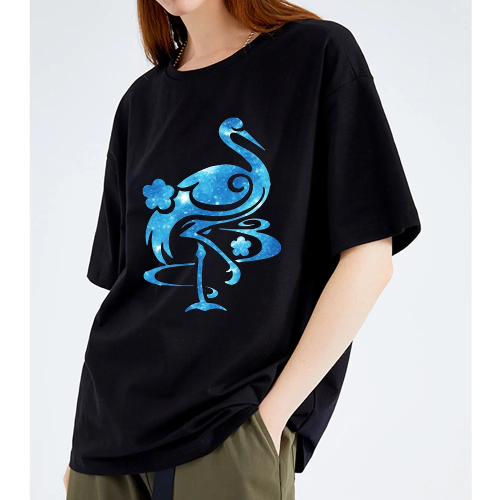 Genshin Impact Kamisato Ayaka Printing Tshirt Blue Crane Graphic Women Short Sleeve Tees 100% Cotton Streetwear Girls Kawaii Top