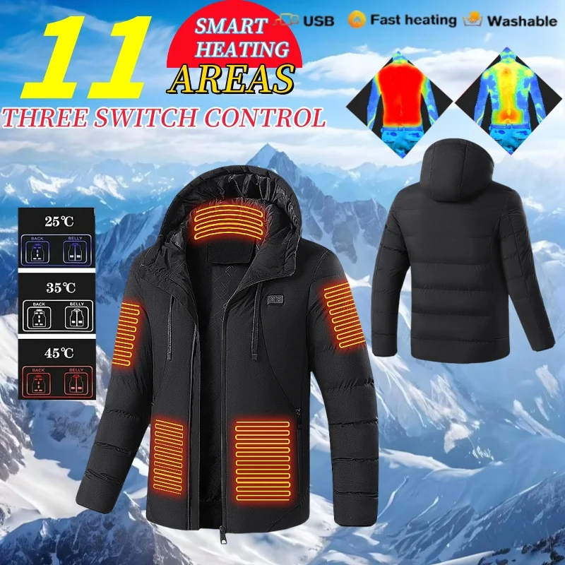 

Heated jacket, 4-11 zone smart USB single and double control electric heated Coat, winter camping hiking men's hooded Parka