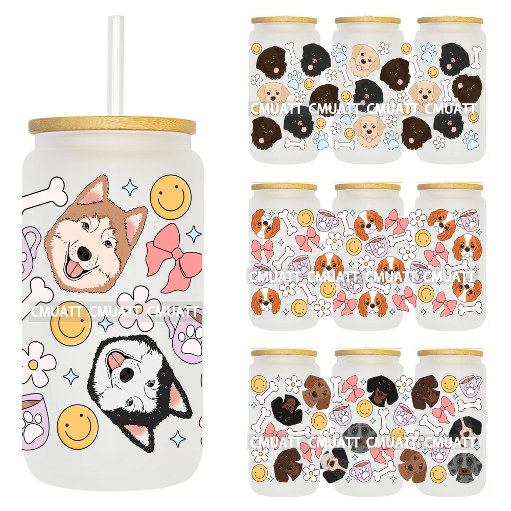 Cut Pet Dog Paw Coquette Bow Funny Animals 16OZ UV DTF Cup Wrap Transfer Sticker Label DIY Waterproof Logo For Libbey Glass Can