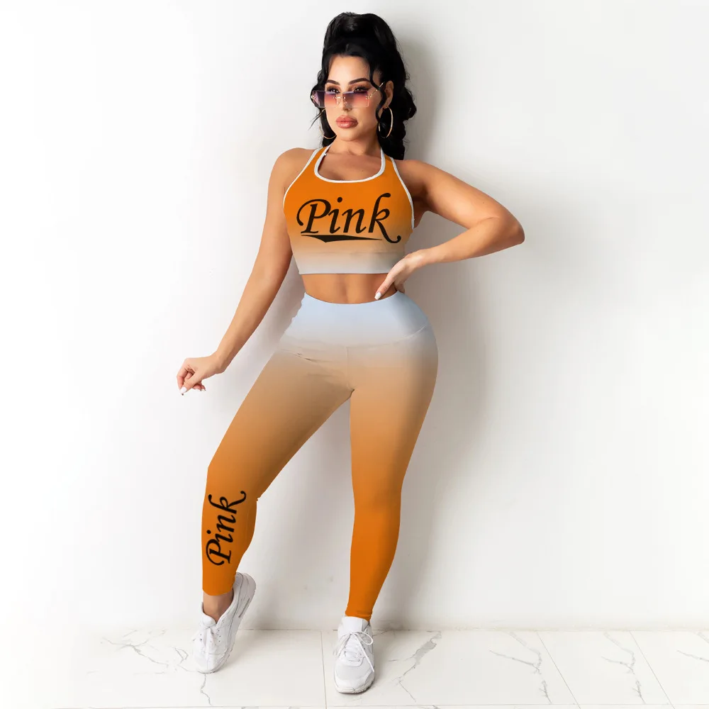 Skinny Tracksuit Sleeveless T-Shirt Pink Letter Print Sport Sets Causal Stretchy 2 Piece Sets Women Outfits 2024 Summer New