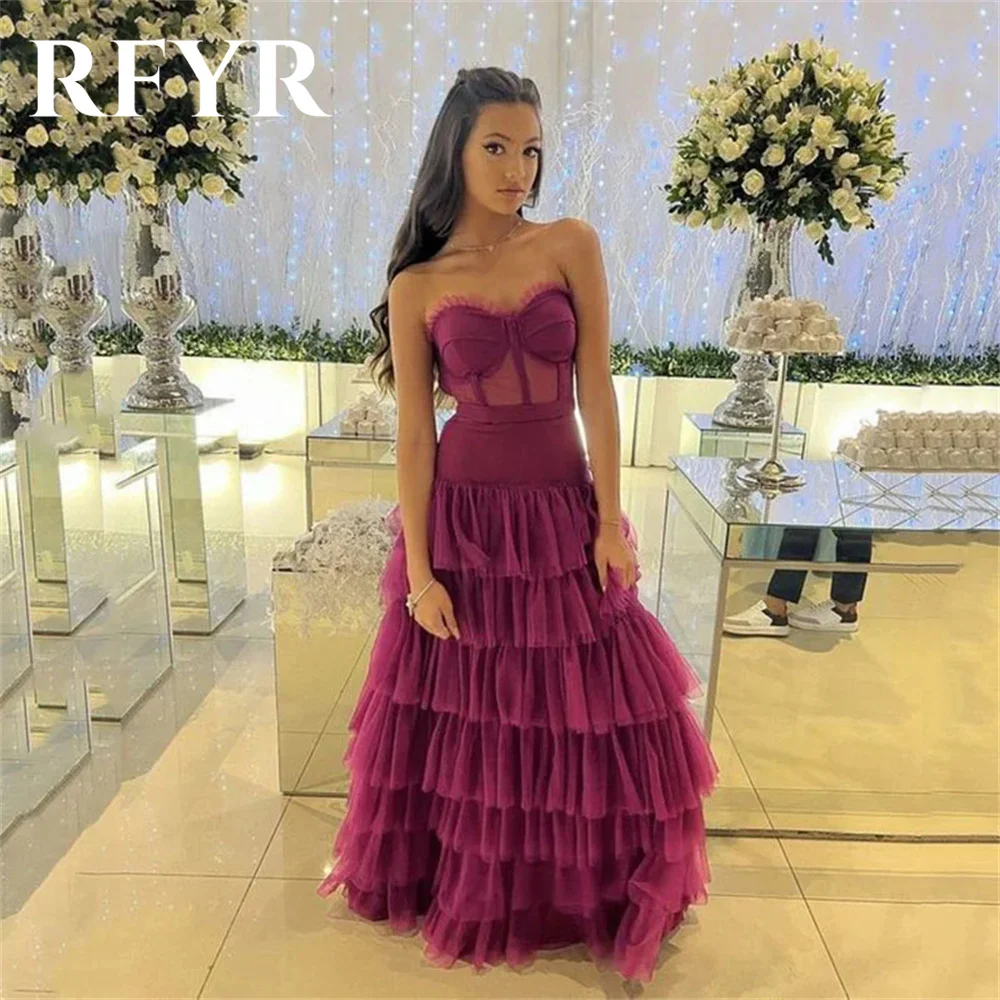 

RFYR Fuchsia Evening Dresses Strapless Tulle Prom Dresses Ruffles Layered Graduation Party Gowns Floor Length فستان سهرة