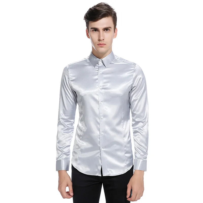 External Model Real Shot European Men's High-quality Casual and Fashionable Glossy Solid Color Long Sleeved Lapel Shirt