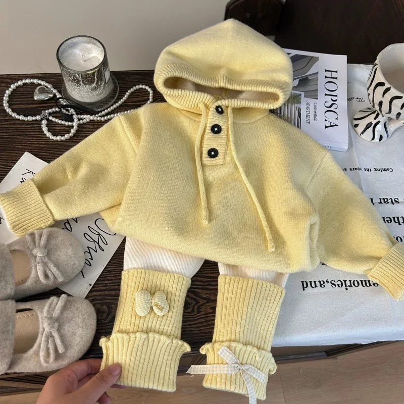 

Korean Children's Clothing 2025 New Autumn and Winter Girls Hooded Knitted Sweater Piled Socks Leggings Two-piece Set