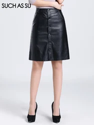 SUCH AS SU All Season 2023 Women Knee-Length PU Leather Skirt S M L XL XXL XXXL 4XL Plus Size Single-Breasted Black Skirt Female