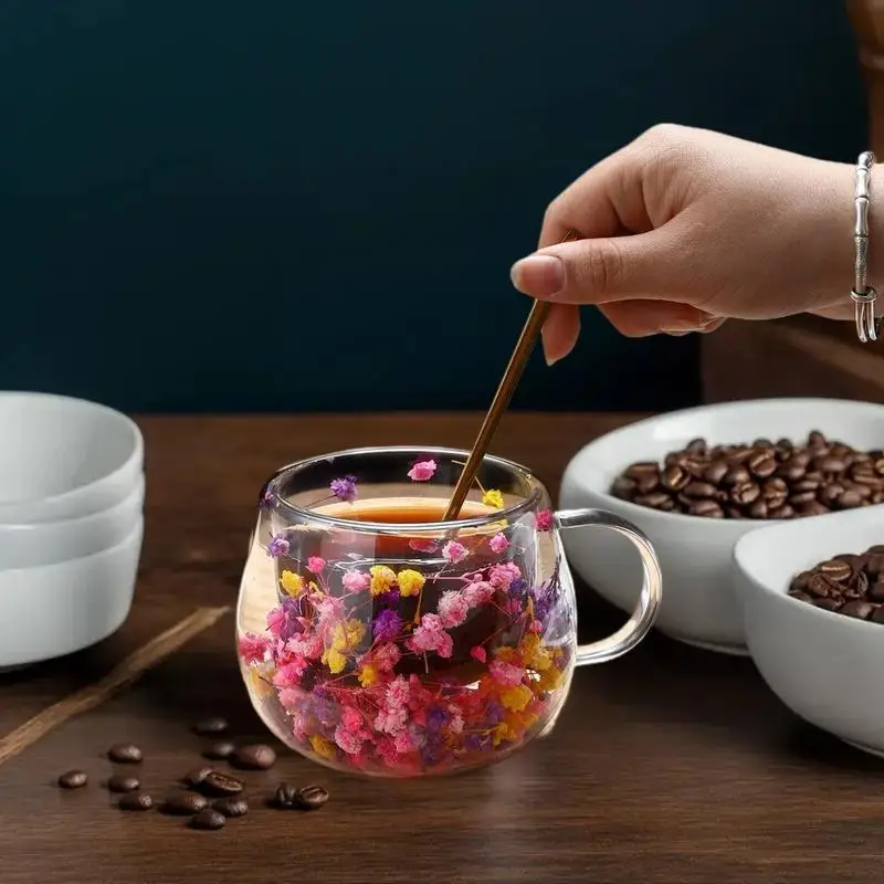 Tasse Chic pour thé au lait/café de 150/300ml, verre Double couche avec embellissement de fleurs séchées, résistante aux hautes températures – 1 pièce