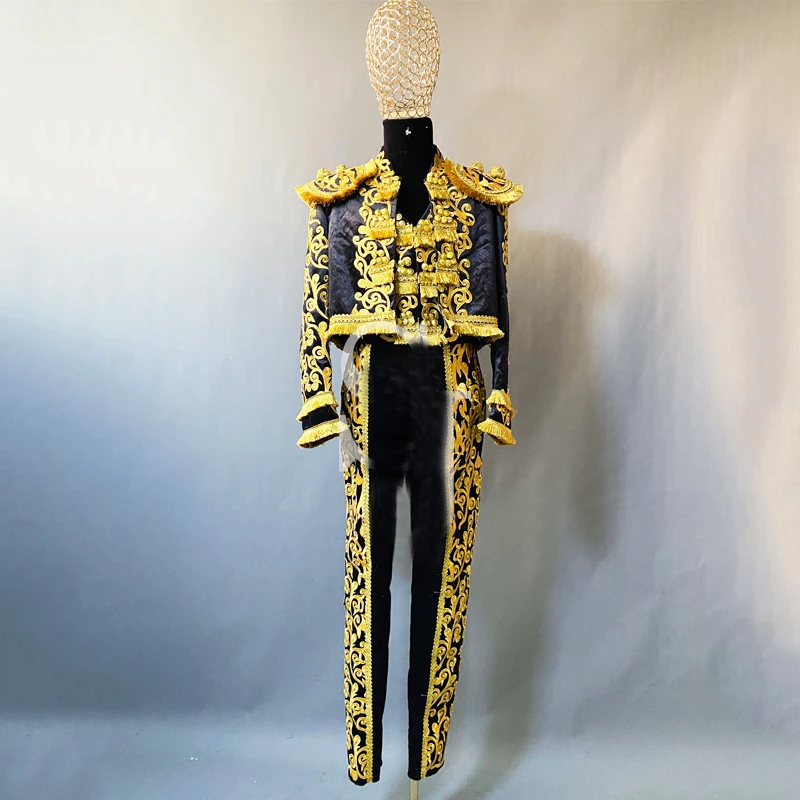 Male Cosplay Gogo Costume Men\'S Circus Suit Gold Embroidered Suit Nightclub Dj Ds Stage Performance Festival Rave Outfit XS5611