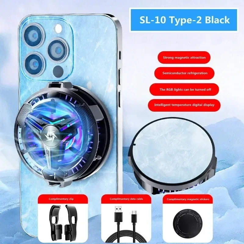 SL10 Mobile Phone Semiconductor Radiator Magnetic/ Back-Clip 2 in 1 Cooling Fan with RGB Light for IOS Android PUBG Game Cooler