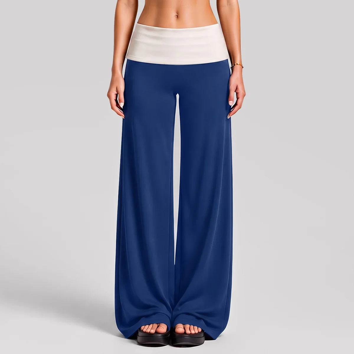 2026 New Wide Leg Colorblock Yoga Pants Foldover Waist Slimming High Rise Lounge Pants Women Gym Fitness Running Workout Bottoms
