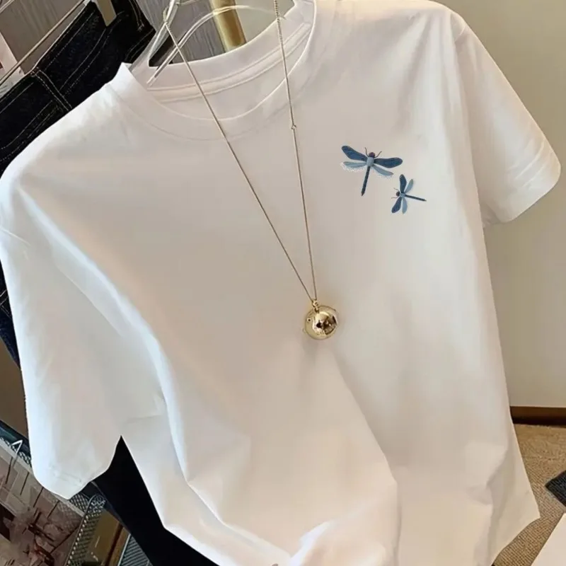 Couple Crew Neck Heavy Weight Cotton Short Sleeve T Shirt Front Back Dragonfly Print Loose Casual Basic White Summer Top