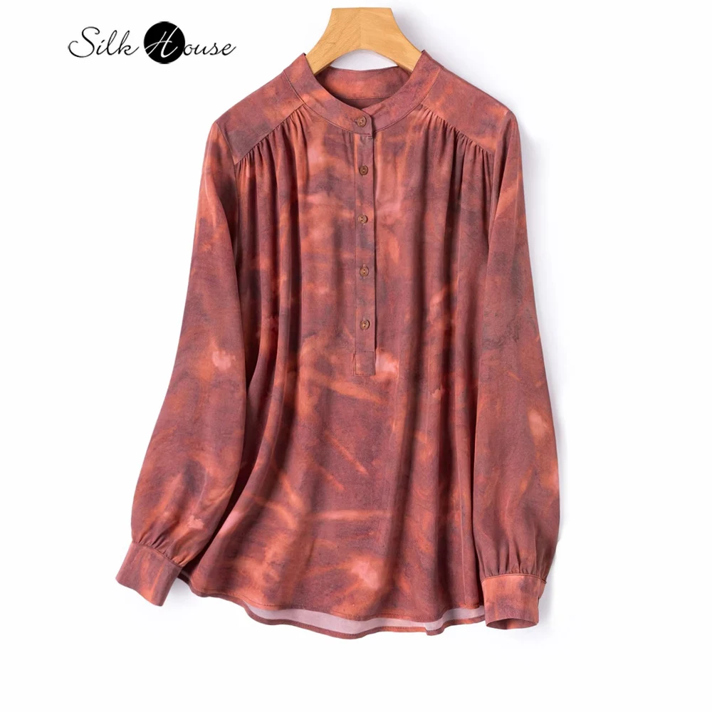 

2026 Women's Fashion Spring Clothing Gradient Red 100% Natural Mulberry Silk Crepe De Chine Stand Up Collar Long Sleeve Shirt