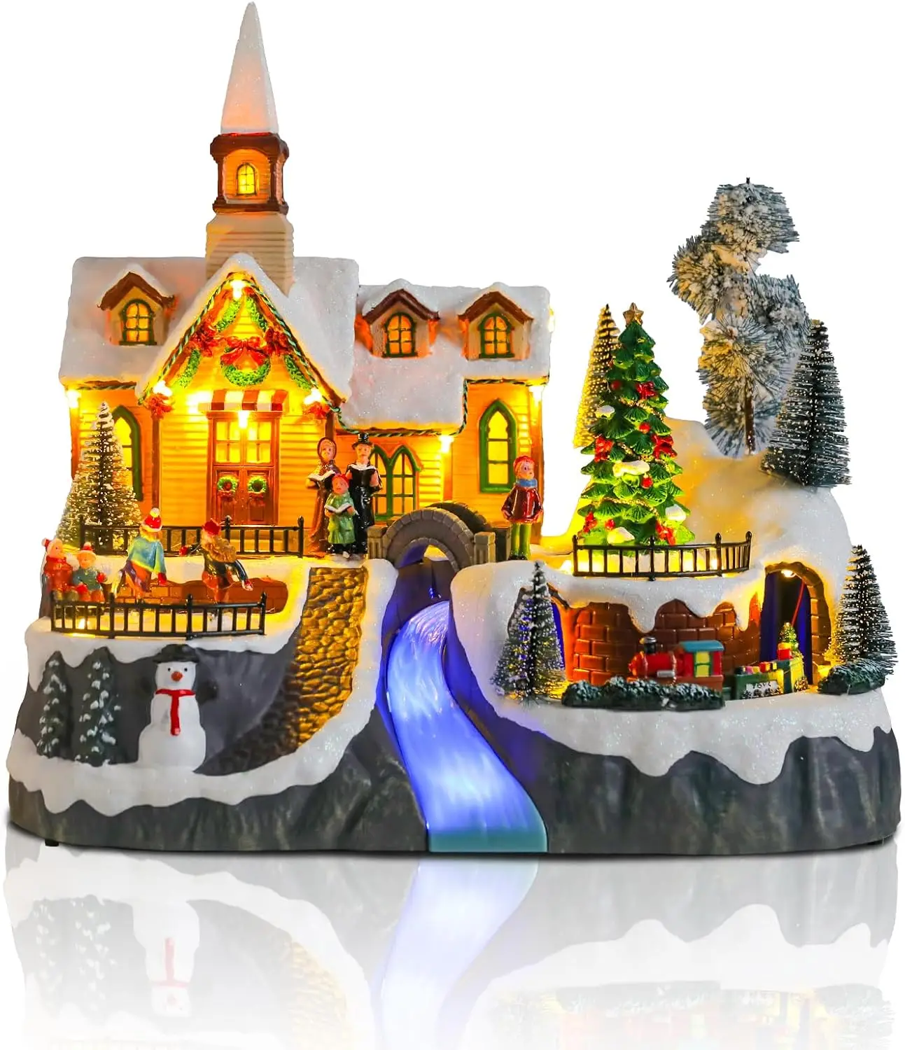 Christmas Village House Musical Collectible Buildings Set Featuring Church, Train, Snowman, People Skating Figures, LED Lights, USB-Powered Vacation Village, Indoor Figurines, Indoor Tabletop Decoration