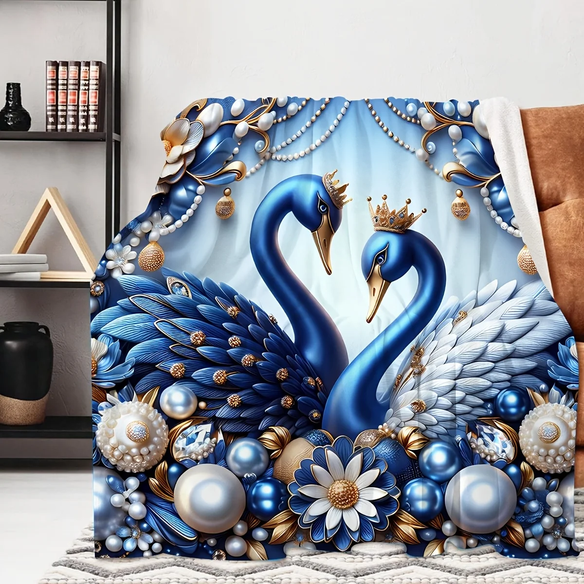 A Creative And Stylish Blanket Featuring a Pearl Floral Swan Print, Perfect for Modern Decor. This Outdoor And Travel Blanket Is