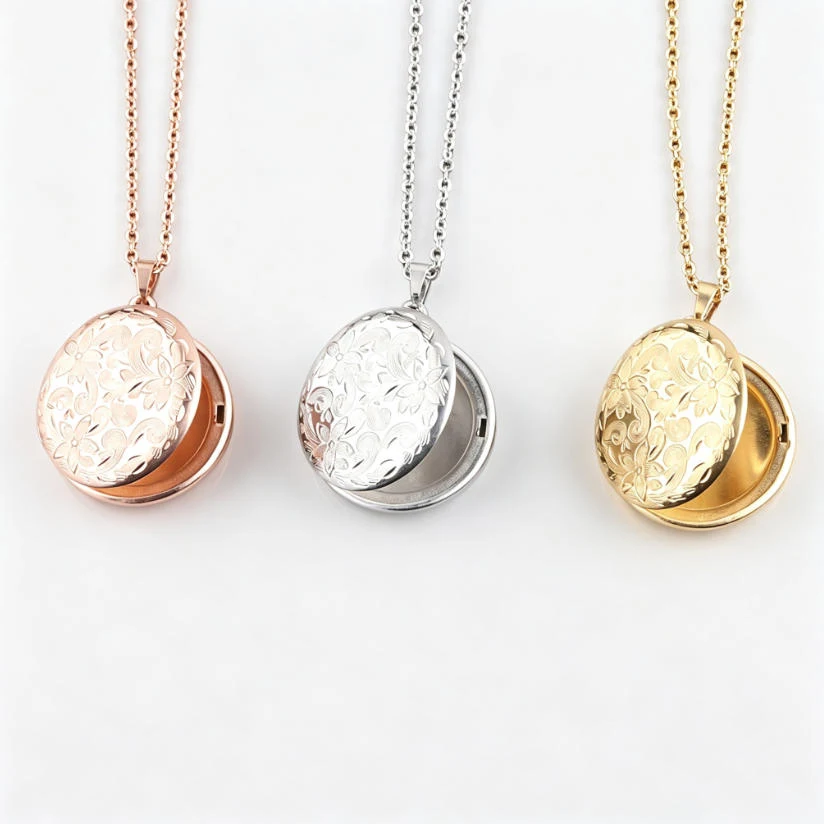 316L Stainless Steel Round Floral Locket Necklace Openable Photo Pendant Vintage DIY Engraving Picture Keepsake Jewelry Gift