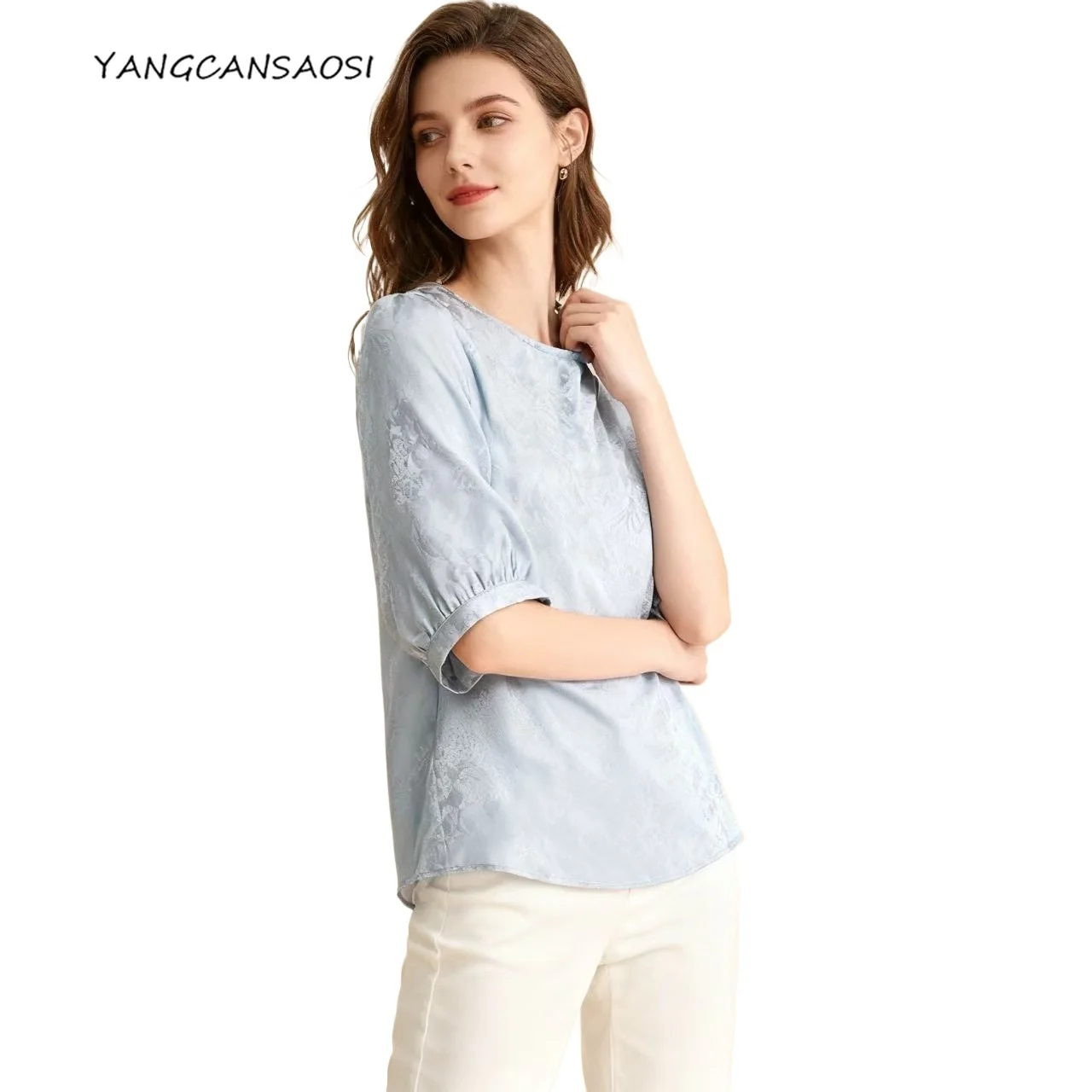 

Женская повседневная одежда, 100% натуральный шелк шелковицы Hua Luo, универсальная повседневная классическая футболка ледяного синего цвета с круглым вырезом и короткими рукавами