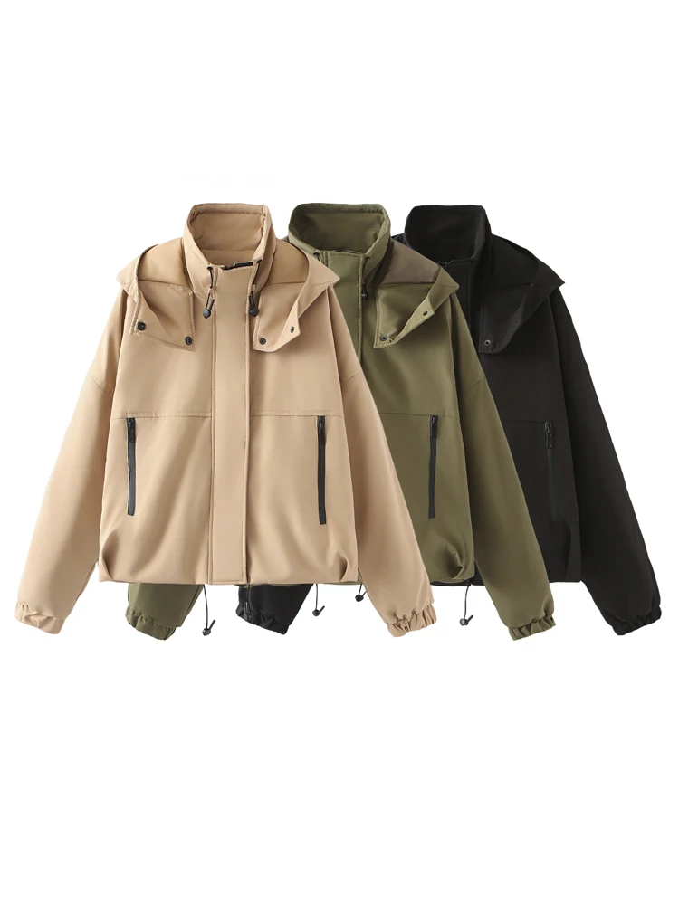 KAOPU ZA Women front pockets cropped hooded jacket vintage high neck long sleeve zipper-up female outerwear chic tops