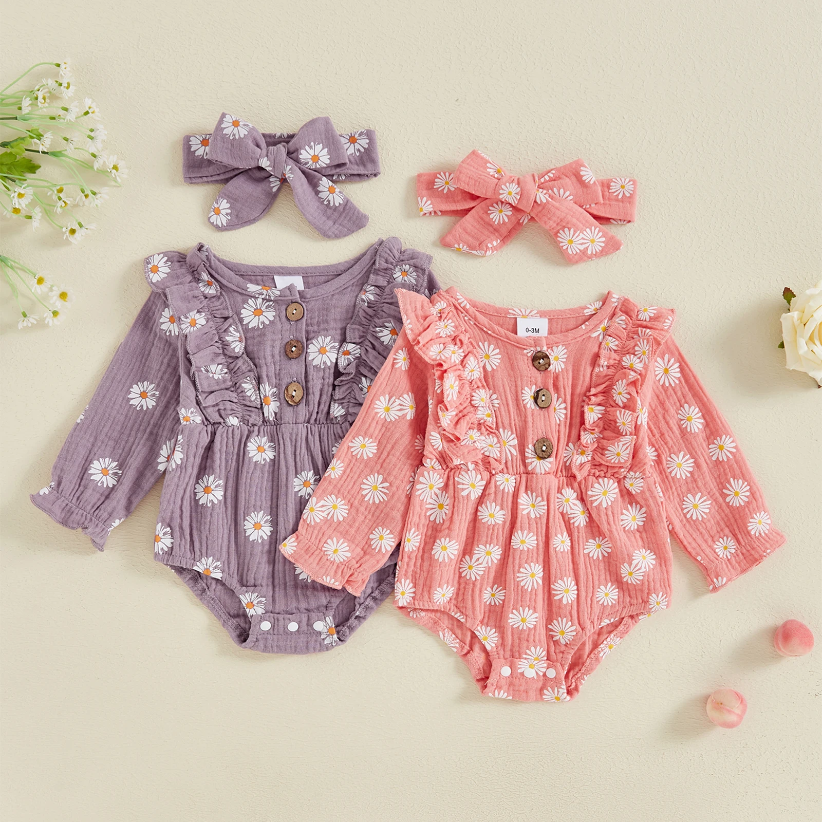 

Tregren 2-Piece Baby Girls Set Long Sleeve Daisy Print Round Neck Single-breasted Ruffled Romper Headband Adorable Outfits