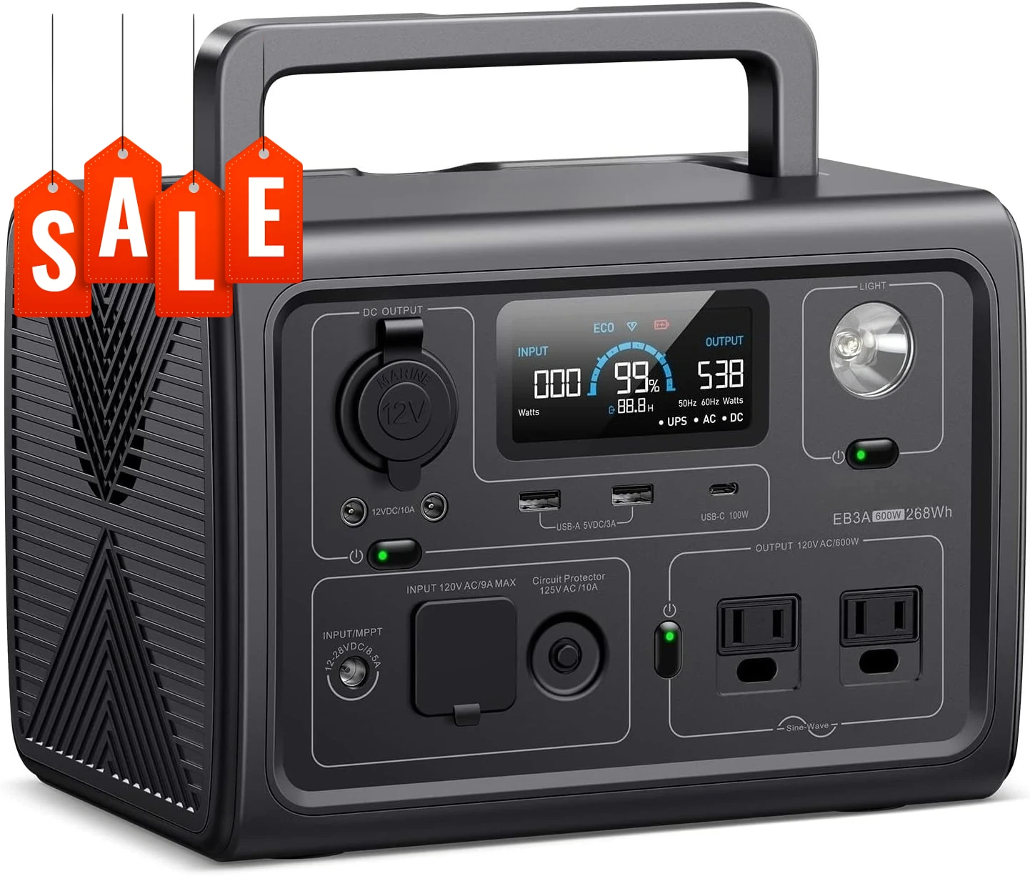 

Solar Generator EB3A, 268Wh LiFePO4 Battery Backup w/ 2 600W (1200W Surge) AC Outlets, Recharge from 0-80% in 30 Min.