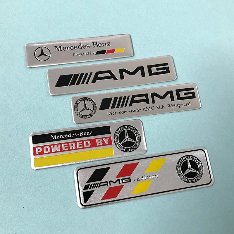 Long Thin Aluminium Label Sticker Car Emblem for Mercedes Benz AMG Edition Logo Powered By Germany Flag Racing Track Stripes