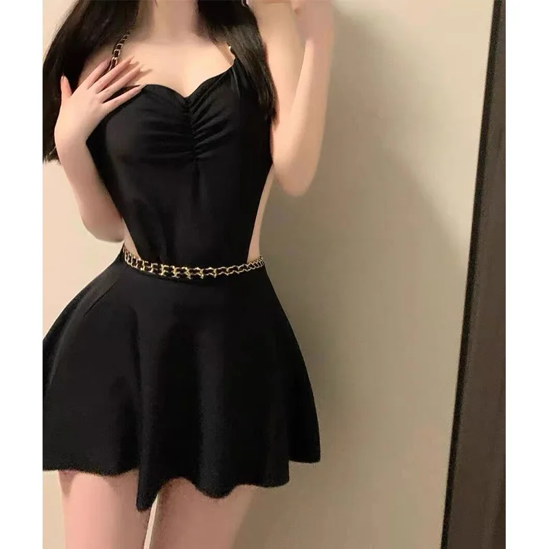 2023 New Women Swimsuit Korea Style Sexy Backless One Piece Skirt Style Slim Swimwear Beachwear