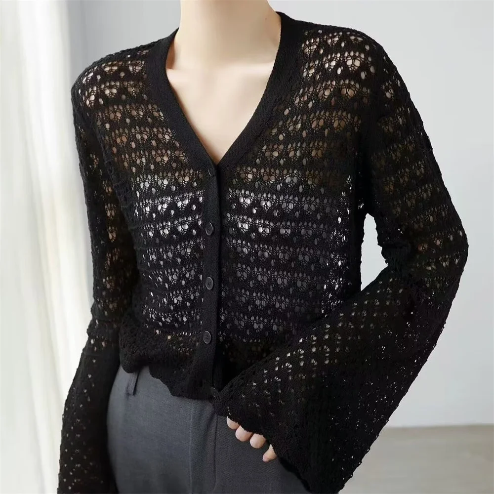 Korean Fashion Summer New Women's Crochet Knit Long Sleeve Cardigan Lightweight Cropped Cover Up Clothes Tops