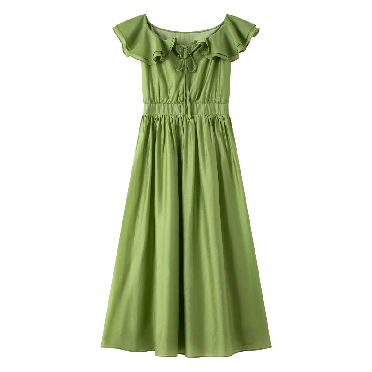 VIMLY Jurken 2025, Dames Zomer Midi Elegante Groene Damesjurk Franse U-hals Mouwloos Volants Rand Vrouw Kleding A1712